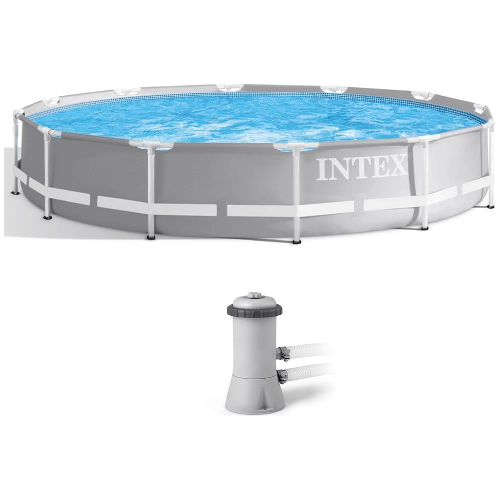 INTEX Piscina Rotonda Prisma Frame in PVC con Pompa Filtro 366x76 cm Grigio Chiaro